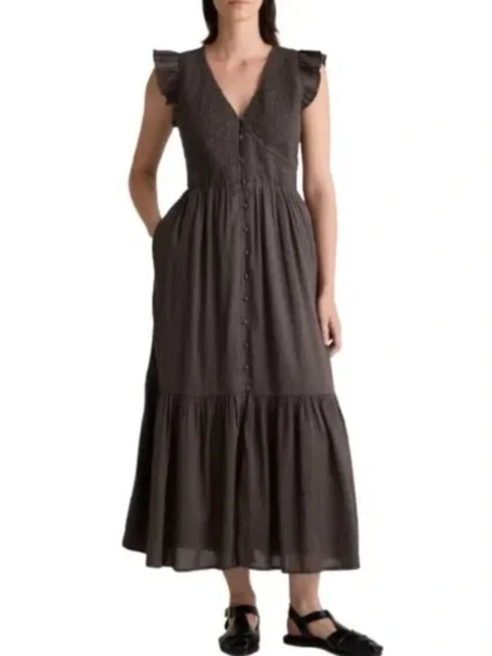 QUINCE Organic Textured Cotton Smocked V-Neck Midi Dress in Charcoal Size S